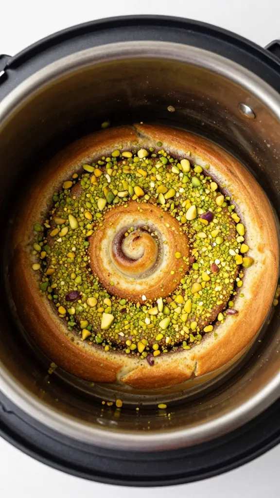 Instant Pot pan with single spiraled cinnamon roll cake, overhead closeup