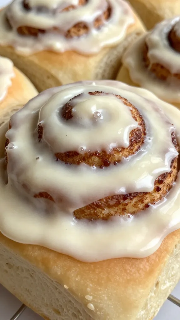 closeup sourdough discard cinnamon roll with cream cheese glaze
