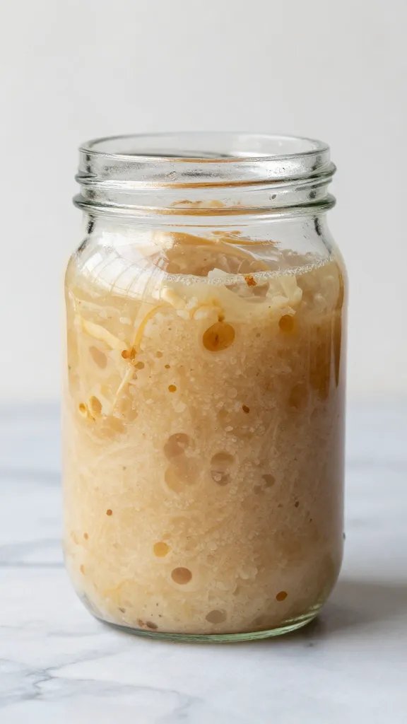 glass jar of 100% hydration sourdough discard on marble counter