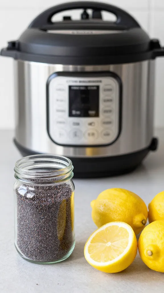 single Instant Pot on countertop releasing steam, lemon and poppy seeds nearby