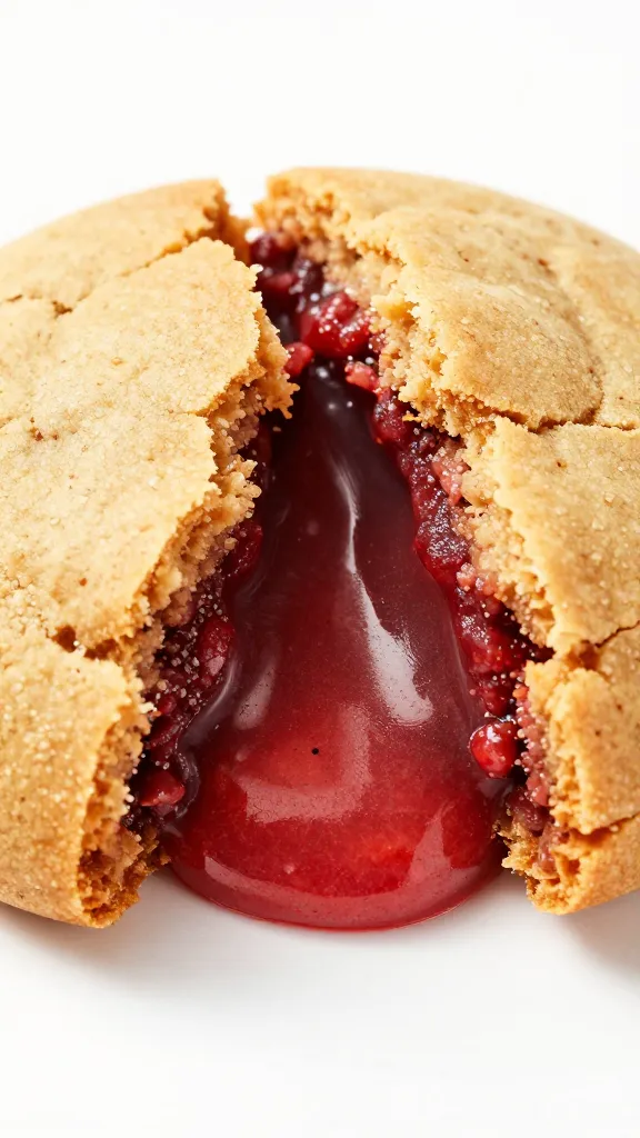 closeup of a molten strawberry lava cookie split open