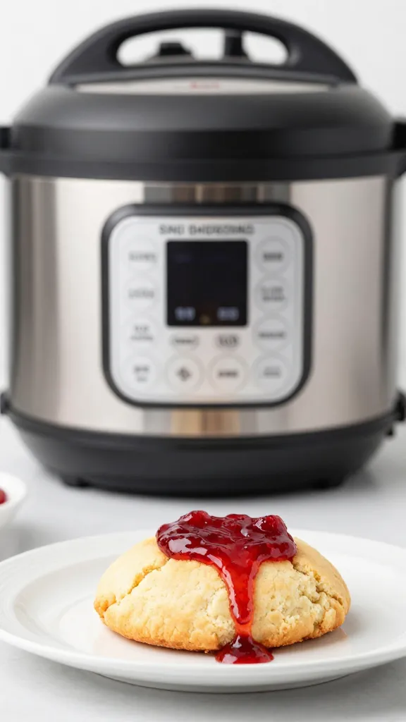 single Instant Pot-steamed cookie on white plate, strawberry jam ooze