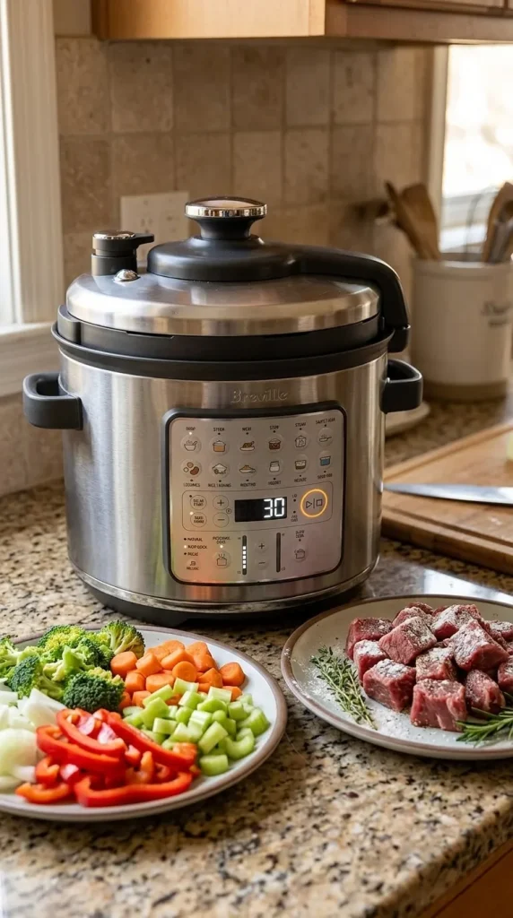 A Breville Pressure Cooker on a kitchen counter 