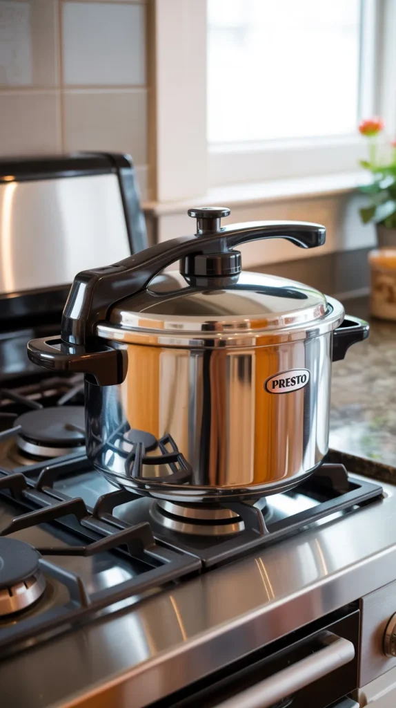 A Presto Pressure Cooker on a kitchen stove