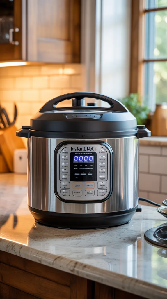 An instant pot duo Pressure Cooker on a kitchen counter