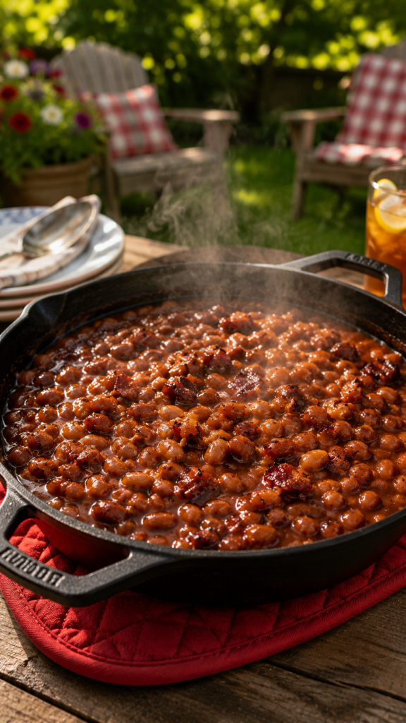 cast iron pan full of steaming hot bake beans with bits of bacon, sitting on top of a hot pad, on a backyard table