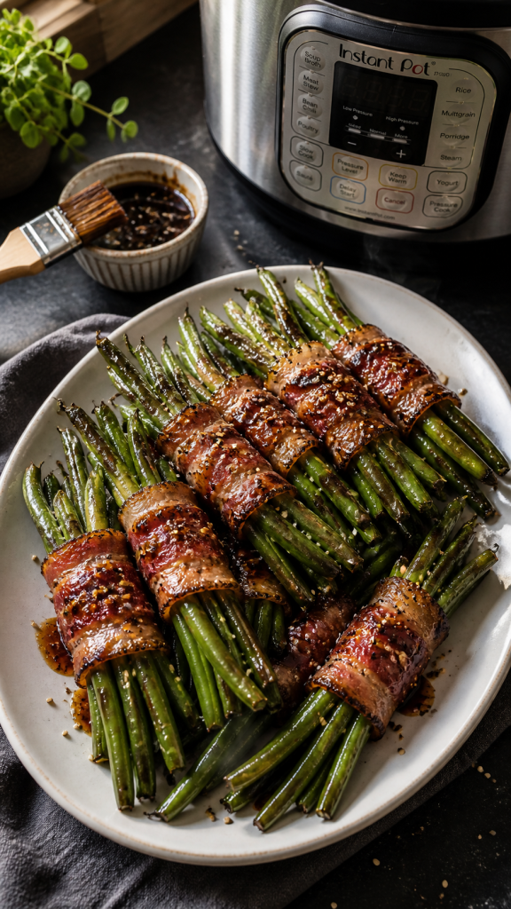 bacon-wrapped green bean bundles arranged in a shallow white platter, lightly brushed with a brown sugar–soy–garlic glaze and sprinkled with sesame seeds and cracked pepper;
