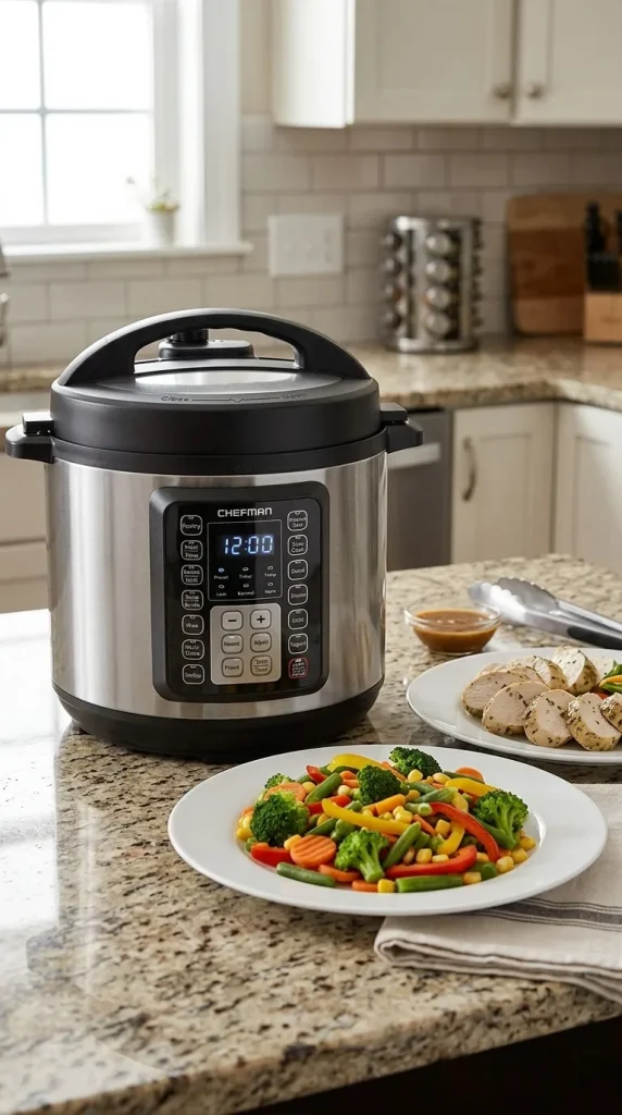A Chefman Pressure Cooker on a kitchen counter next to a plate of mixed veggies and another plate of chicken breast