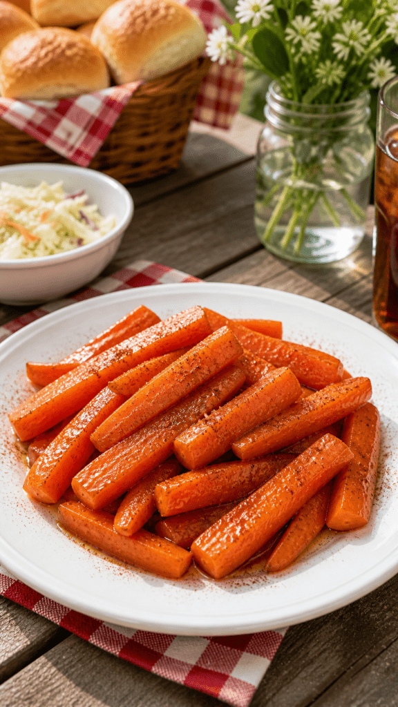 Glazed carrots in a butter sheen with cinamon sprinkled on top, sitting on a white plate on a picnic table