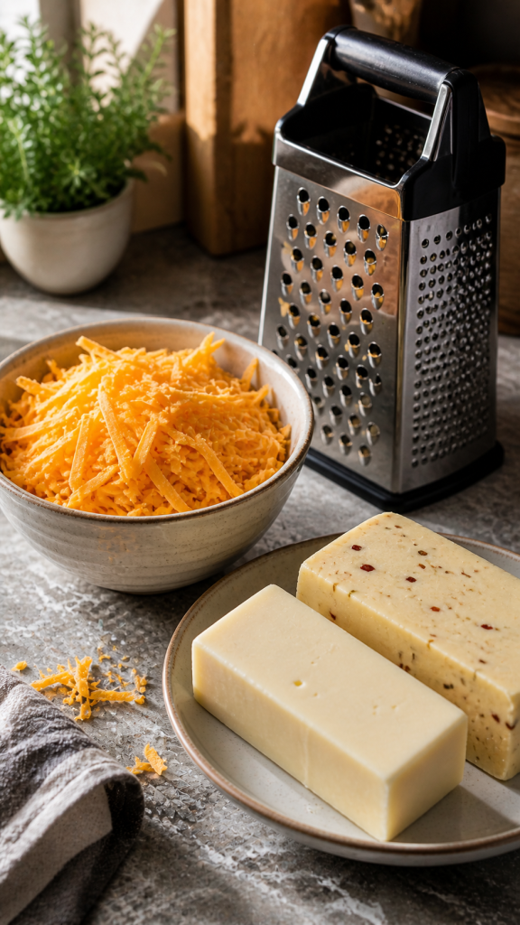 A bowl of shredded Sharp cheddar next to another plate of a block of monterey Jack, a block of Pepper Jack, next to a cheese shredder on a kitchen counter