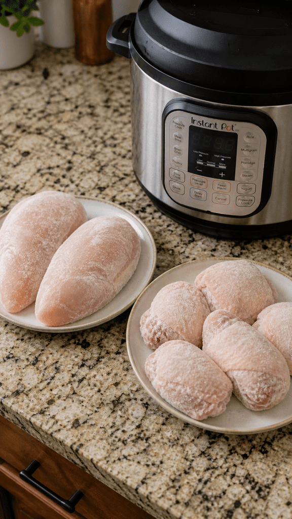One plate of frozen chicken breasts and another plate of frozen chicken thighs next to each other on a granite kitchen countertop sitting next to an Instant Pot