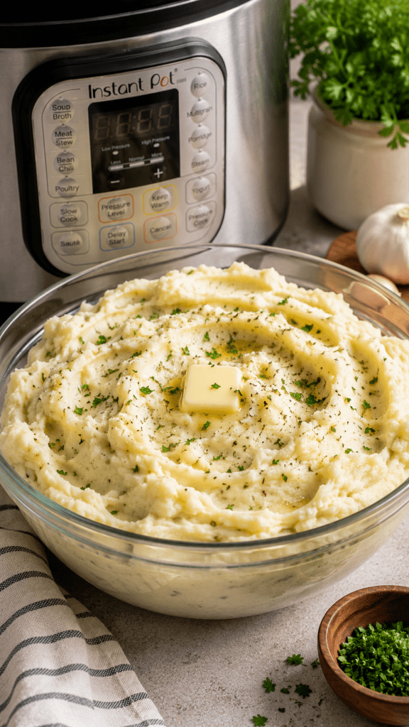 large glass bowl of Instant Pot garlic herb mashed potatoes on a kitchen counter