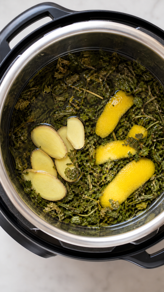Overhead shot of dried nettle leaf in an instant pot in 6 cups of water, with ginger and lemon peel