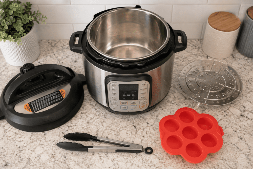 an open pressure cooker on a kitchen counter sitting next to some tongs, the lid, a round steamer rack and a silicone egg mold