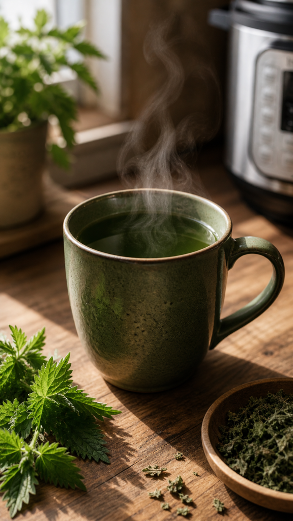 steaming mug of deep green nettle tea on wooden counter