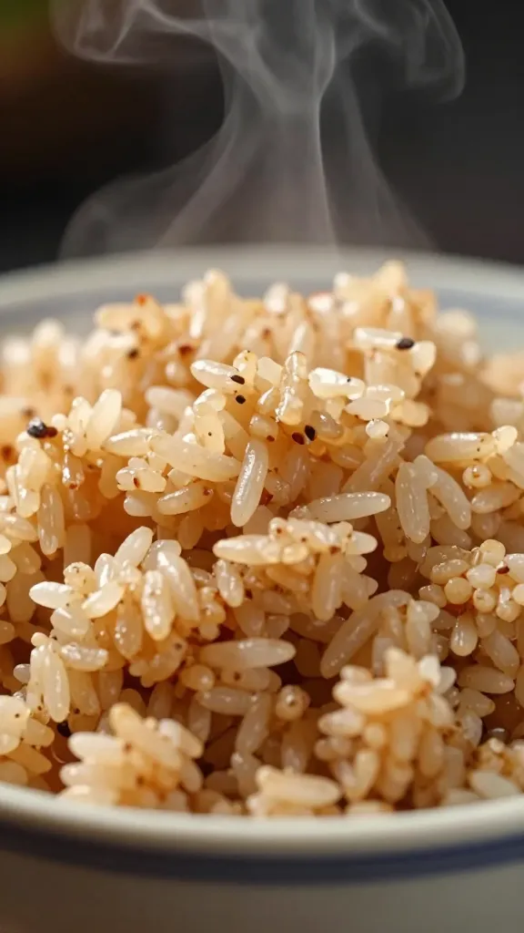 closeup bowl of fluffy brown rice, steam rising