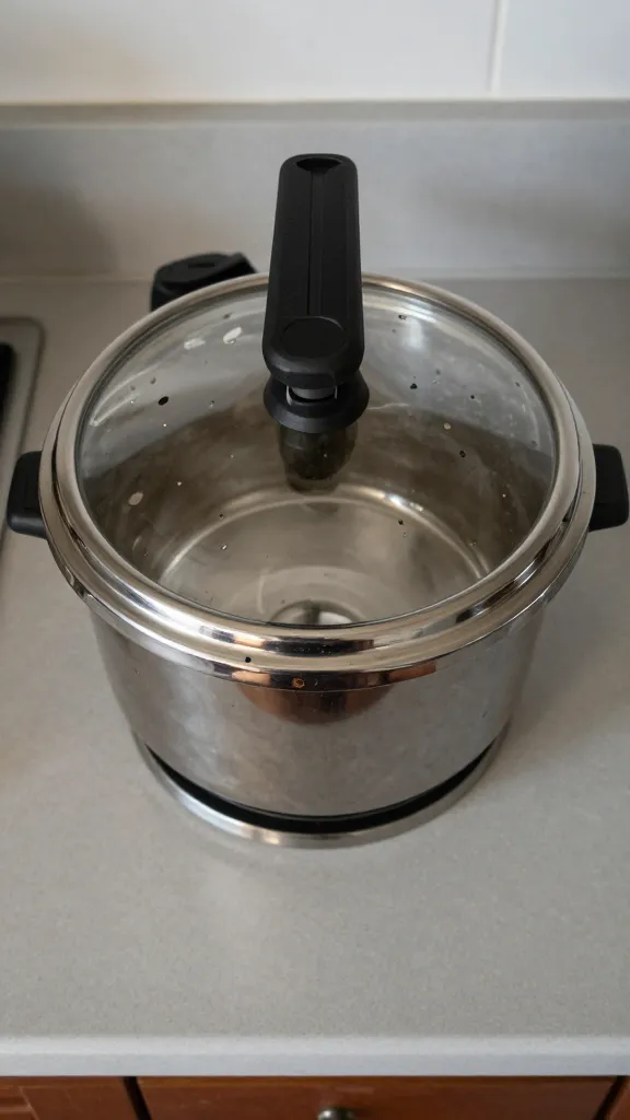 stainless pressure cooker lid locked, high-pressure indicator up