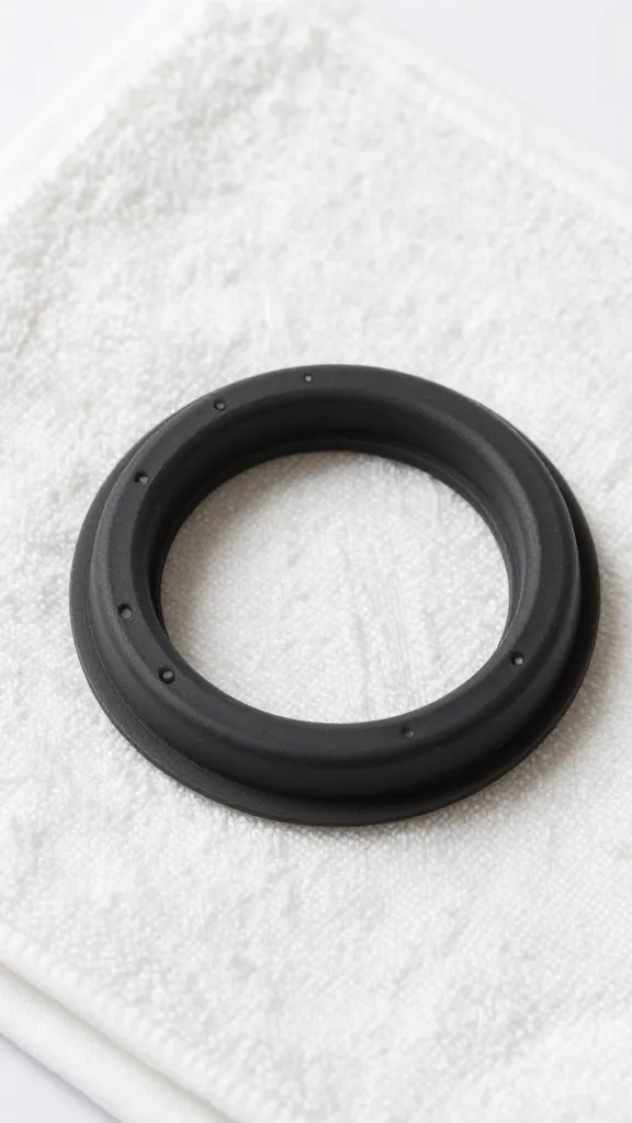 silicone pressure cooker gasket on white towel, detailed macro