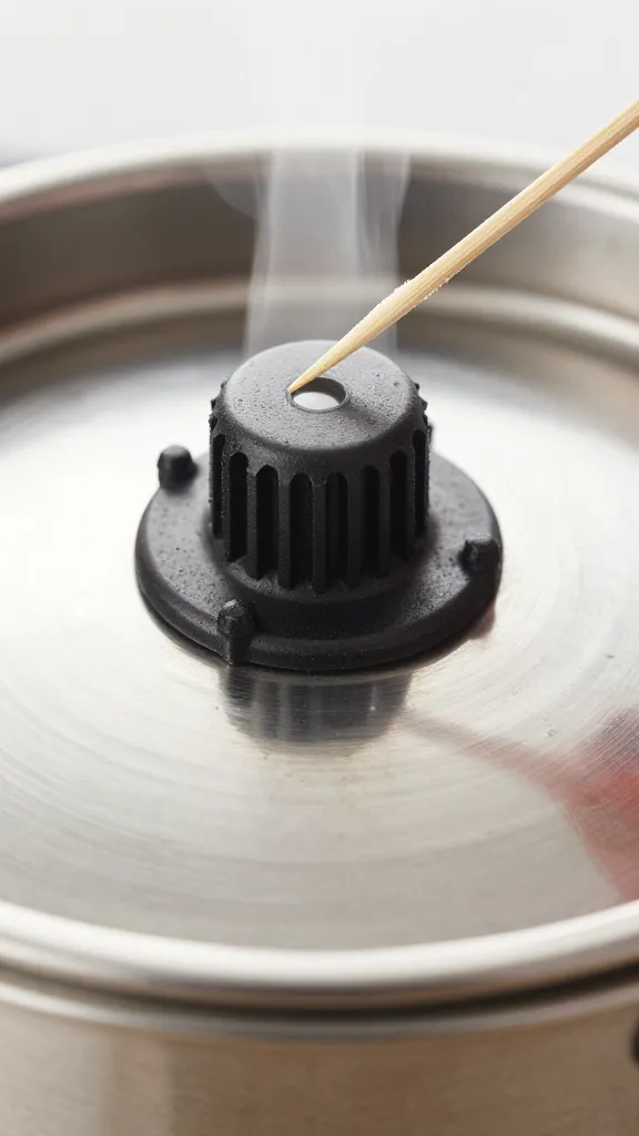 pressure cooker lid steam release valve, toothpick cleaning closeup