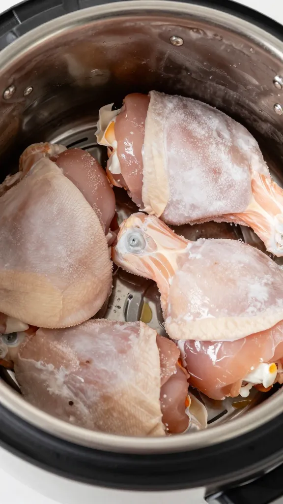 closeup of frozen chicken thighs in stainless Instant Pot insert