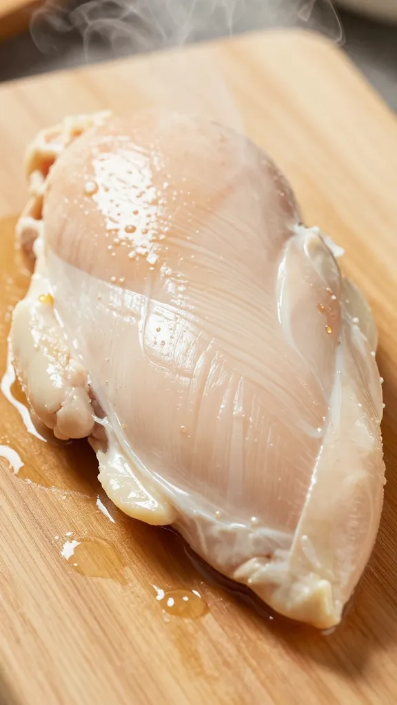 steaming cooked chicken breast on cutting board, visible juice glisten