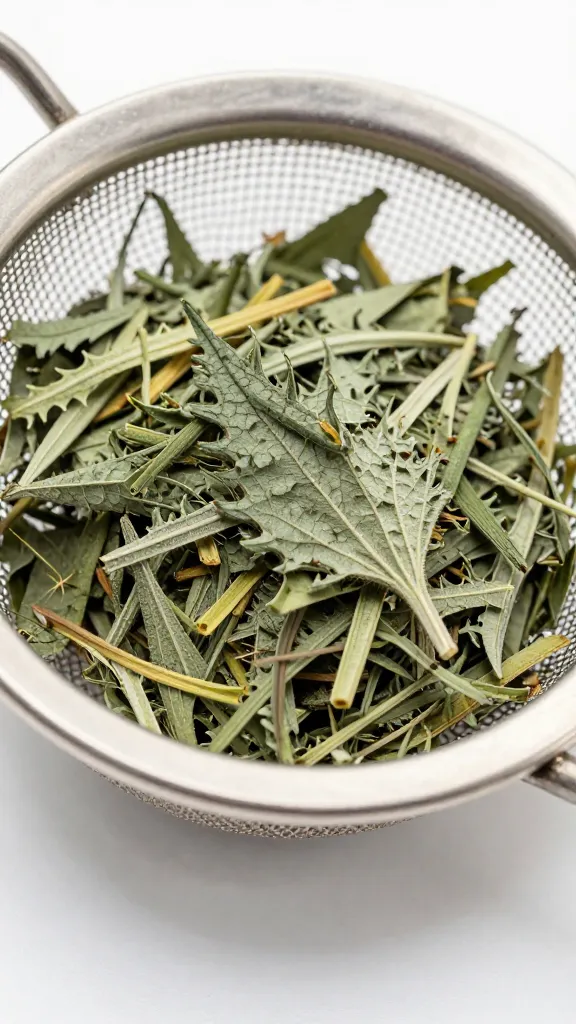 stainless tea strainer packed with dried nettle leaves, macro shot