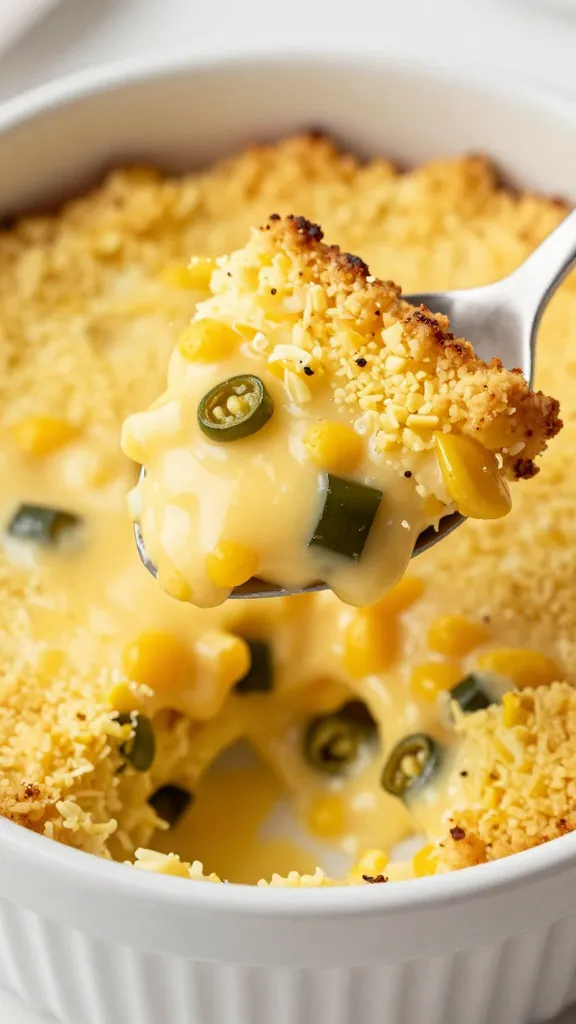 closeup bowl of cheesy jalapeño cornbread pudding, spoon scoop