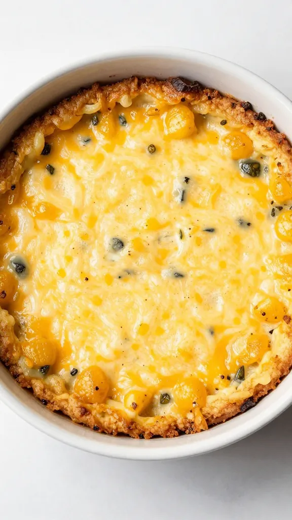 overhead ramekin of custardy jalapeño cornbread pudding, melted cheese