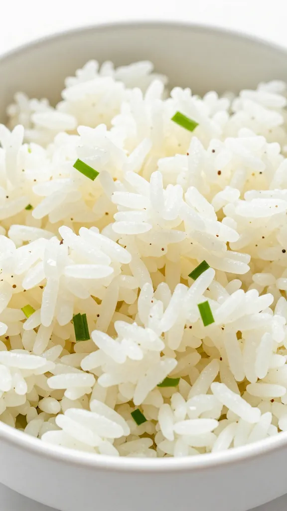 closeup bowl of fluffy cilantro lime rice, white ceramic