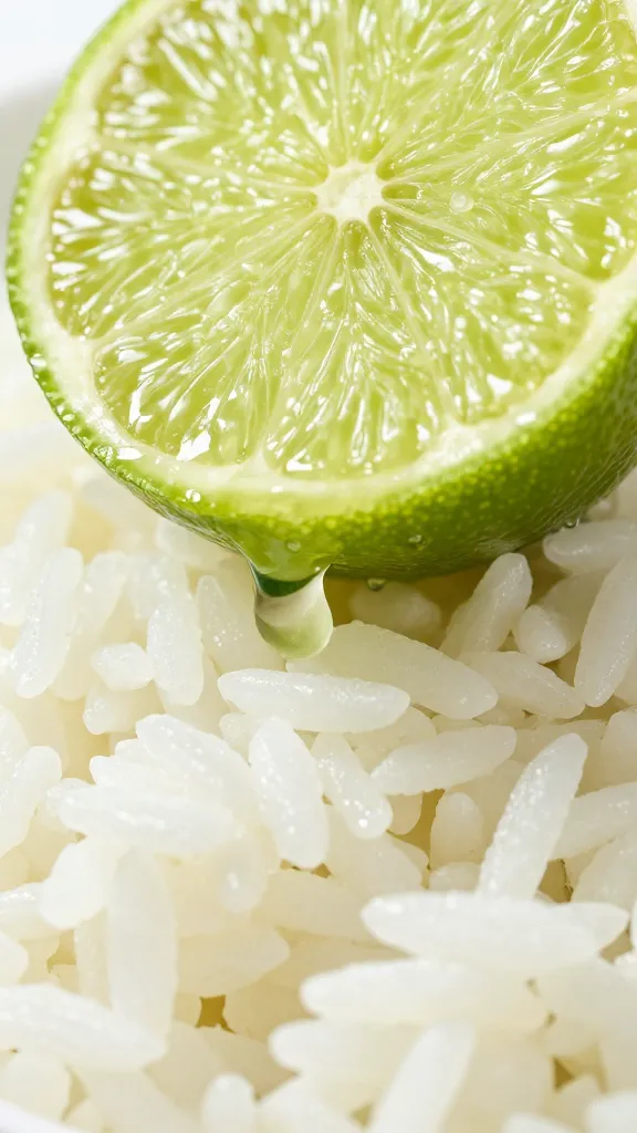 lime half squeezed over rice, macro shot, vibrant green