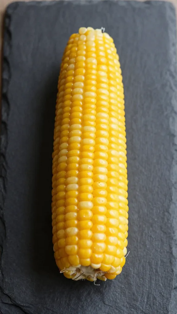 single pressure-cooked corn cob on slate plate