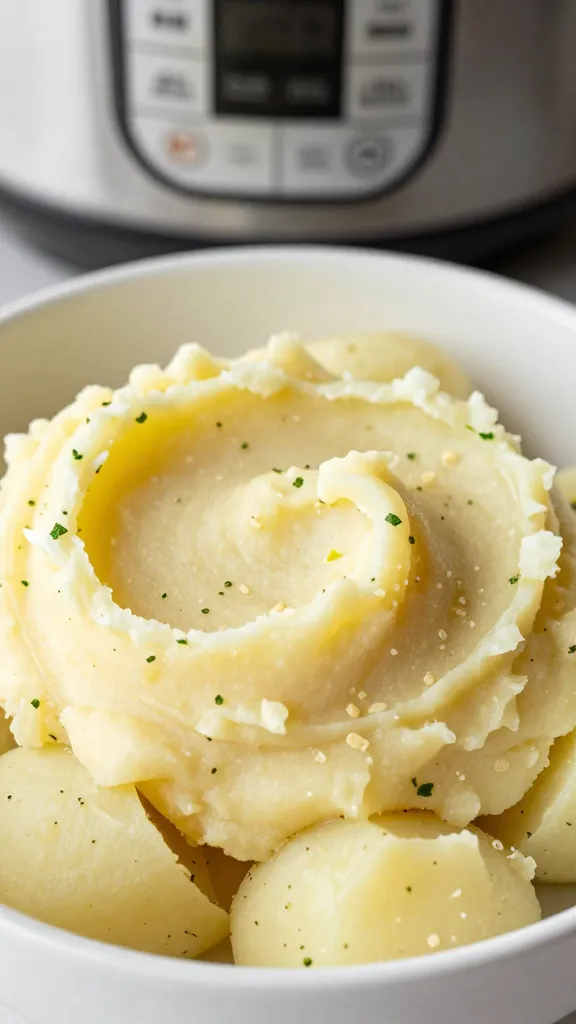 closeup bowl of Instant Pot garlic herb mashed potatoes
