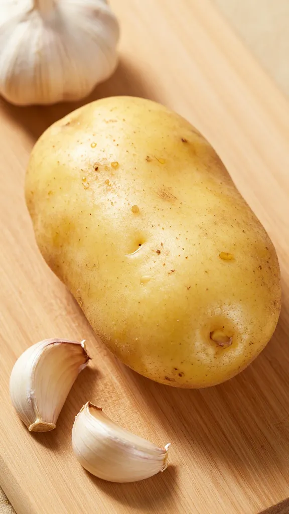 single russet potato on cutting board, whole garlic cloves