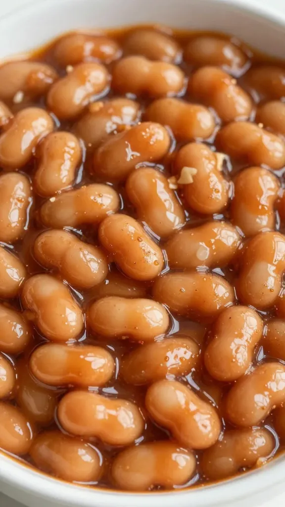 closeup bowl of southern baked beans with caramelized top