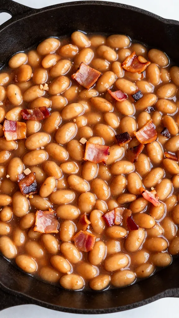 cast-iron skillet of bacon bits for baked beans, overhead closeup