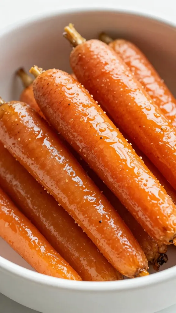 closeup bowl of honey-cinnamon glazed carrots, glossy finish