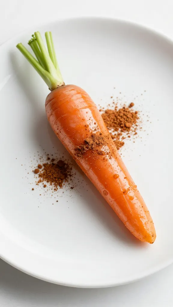 single white plate of glazed baby carrots, cinnamon sprinkle