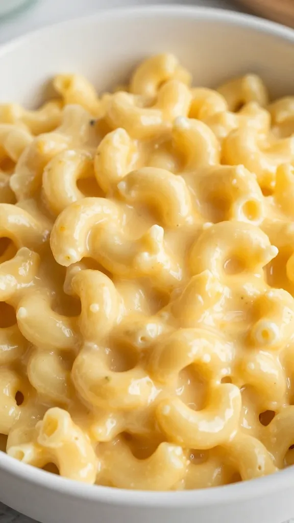 closeup bowl of Instant Pot mac and cheese, creamy cheddar