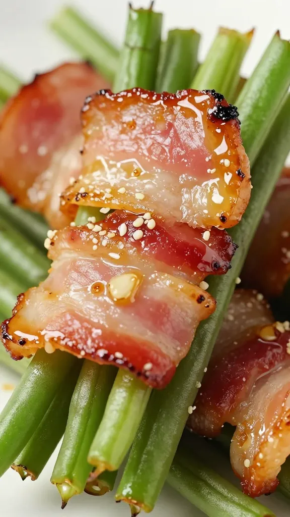 closeup bacon-wrapped green bean bundle with glossy garlic glaze