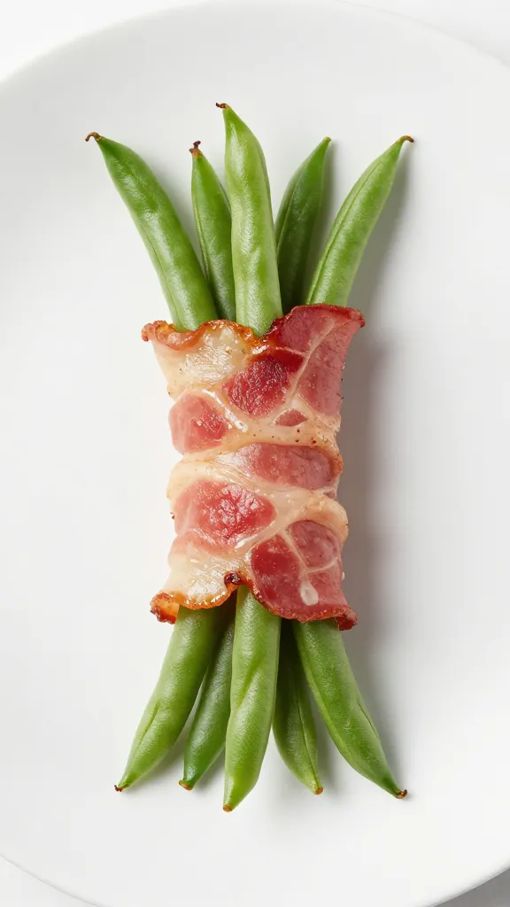 single white plate showcasing one bacon-wrapped green bean bundle
