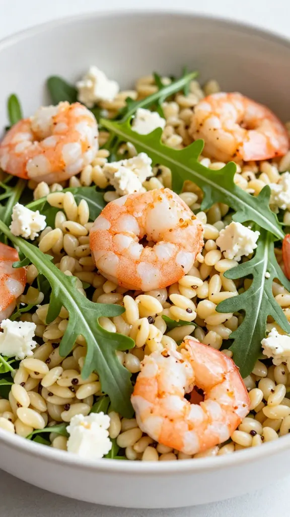 closeup bowl of shrimp orzo salad with arugula and feta