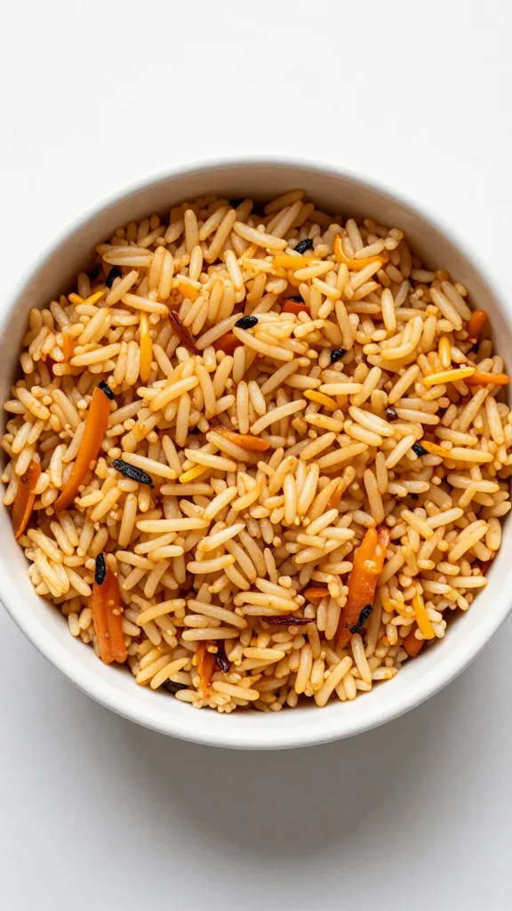 overhead shot of single serving Spanish rice in white ramekin